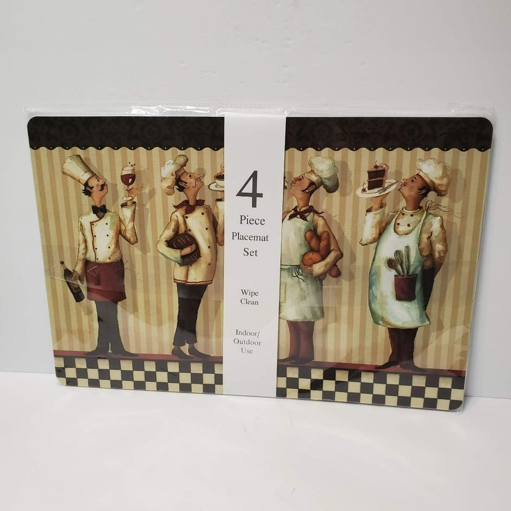 Fat Chef Placemats, Set of 4, Bistro Cook Mediterranean, Foam-backed Vinyl NWT